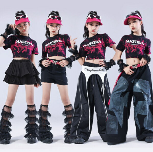 乐天商城 - ローズピンク 黒 ブラック デニムプリント キッズ ダンス衣装 ヒップホップ 女の子 ジャズダンス セットアップ 子供服 ヘソ出し トップス k-pop 衣装 jazz hiphopファッション 練習着 おしゃれ ガールズ 上下セット ジュニア K-POP 韓国 ダンスウェア