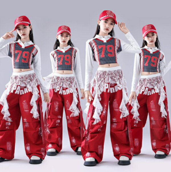 乐天商城 - 79番 赤 白 レッド ホワイト レース キャップ帽子 グレー キッズ ダンス衣装 ヒップホップ 女の子 ジャズダンス セットアップ 子供服 ヘソ出し トップス k-pop 衣装 jazz hiphopファッション 練習着 おしゃれ ガールズ 上下セット ジュニア K-POP 韓国 ダンスウェア