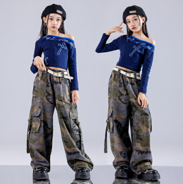 乐天商城 - ネイビー ブルー カーキ 迷彩柄 デニム グレー キッズ ダンス衣装 ヒップホップ 女の子 ジャズダンス セットアップ 子供服 ヘソ出し トップス k-pop 衣装 jazz hiphopファッション 練習着 おしゃれ ガールズ 上下セット ジュニア K-POP 韓国 ダンスウェア