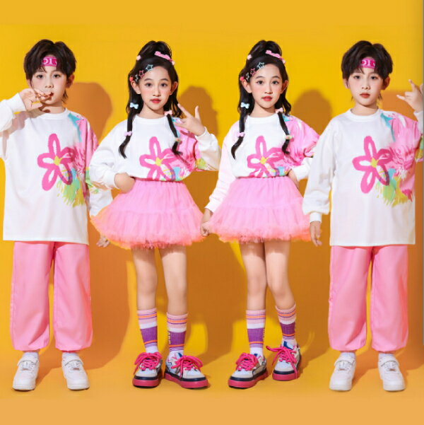 乐天商城 - ピンク 花柄 白 パニエ ホワイト 水色 男の子 キッズ ダンス衣装 ヒップホップ 女の子 ジャズダンス セットアップ 子供服 トップス k-pop 衣装 jazz hiphopファッション 練習着 おしゃれ ガールズ 上下セット ジュニア K-POP 韓国 ダンスウェア スカート ハーフパンツ