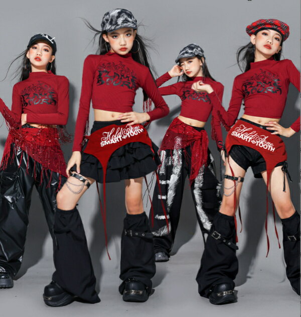 乐天商城 - 赤 黒 ワインレッド ロングパンツ ワイドパンツ キッズ ダンス衣装 ヒップホップ 女の子 ジャズダンス セットアップ 子供服 トップス k-pop 衣装 jazz hiphopファッション 練習着 おしゃれ ガールズ 上下セット ジュニア K-POP 韓国 ダンスウェア スカート ユニフォーム