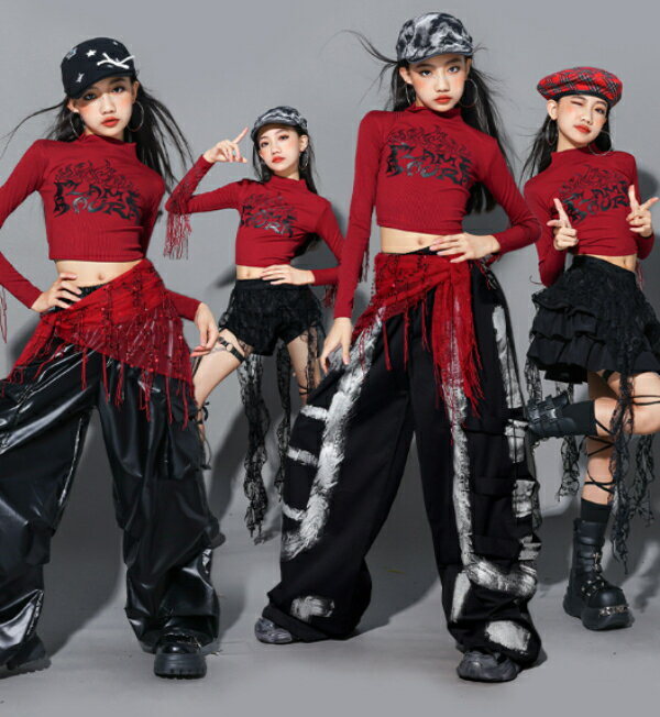乐天商城 - 赤 黒 ワインレッド ロングパンツ ワイドパンツ キッズ ダンス衣装 ヒップホップ 女の子 ジャズダンス セットアップ 子供服 トップス k-pop 衣装 jazz hiphopファッション 練習着 おしゃれ ガールズ 上下セット ジュニア K-POP 韓国 ダンスウェア スカート ユニフォーム
