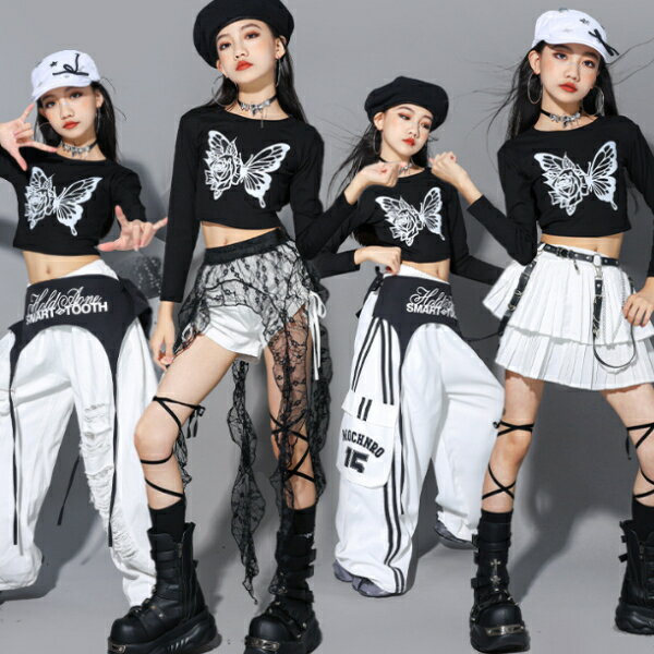 乐天商城 - 黒ブラック 白 ホワイト ロングパンツ ワイドパンツ キッズ ダンス衣装 ヒップホップ 女の子 ジャズダンス セットアップ 子供服 トップス k-pop 衣装 jazz hiphopファッション 練習着 おしゃれ ガールズ 上下セット ジュニア K-POP 韓国 ダンスウェア スカート ユニフォーム