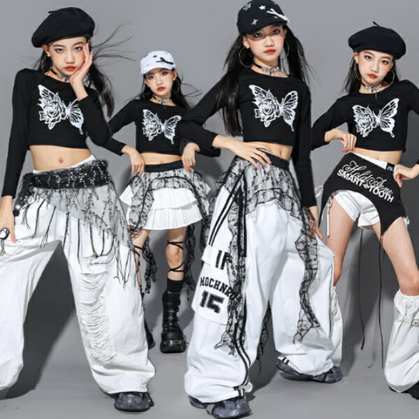 乐天商城 - 黒ブラック 白 ホワイト ロングパンツ ワイドパンツ キッズ ダンス衣装 ヒップホップ 女の子 ジャズダンス セットアップ 子供服 トップス k-pop 衣装 jazz hiphopファッション 練習着 おしゃれ ガールズ 上下セット ジュニア K-POP 韓国 ダンスウェア スカート ユニフォーム