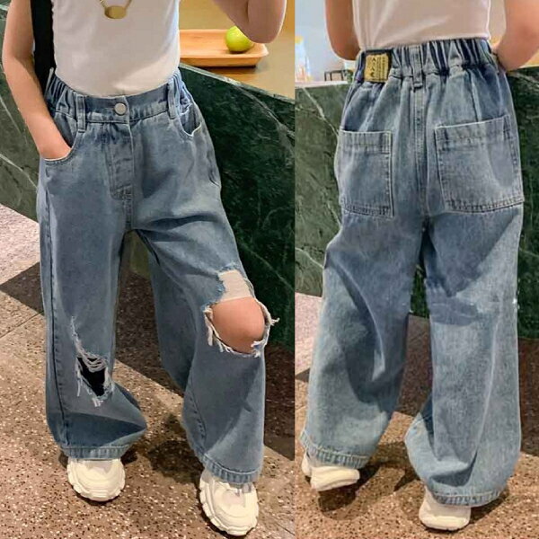 乐天商城 - 女の子用　デニムパンツ 　ワイドパンツ　ガチョウパンツ　ダメージ仕様　子供ズボン　ロングパンツ 　長ズボン　キッズ服　子供服　ボトムス　キッズ　子供 こども ズボン パンツ　ジュニア　ジーンズ　登校虫刺され防止林間学校合宿通学通園学童キャンプ