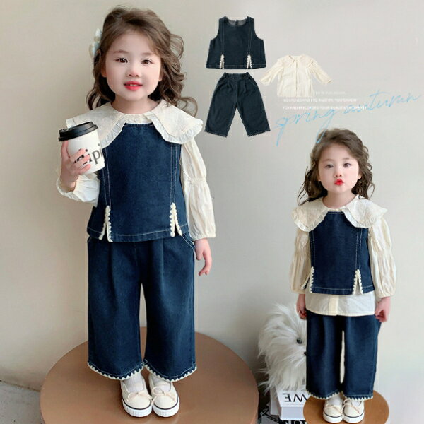 乐天商城 - デニム 3点セット ベスト ミニスカートワイシャツ キュロット ショートスカート トップス 女の子 子供服 キッズ　子供 こども ボトムス ジュニア 女の子 ボトムス 子供服 ガールズ 可愛い ダンス衣装用通学通園登校 ダンス衣装 ボトムス ジュニアビスチェタンクトップ丸襟