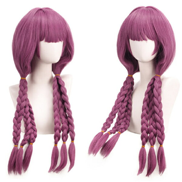 パープル色のロング三つ編みウィッグ かつら ツインテール　ハーフツイン コスプレ フルウィッグ 前髪アレンジ自由自在　お団子　カツラ 変装 仮装 WIG イベント用 コスプレ 巻き髪 アニメ 女装 イベント 男装 簡単 手軽 アニメ 男女兼用 コスプレ衣装　舞台 学校祭 学園祭(4.0)