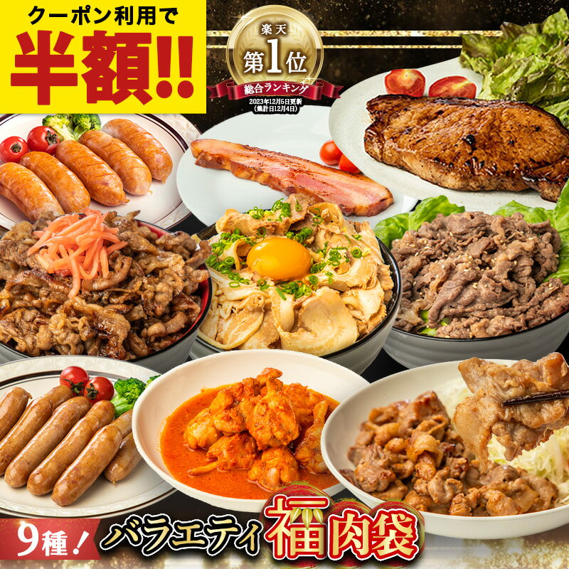 ＼肉の日限定！クーポン利用で50％OFF！／肉 1.7kg超 9種！ 【 バラエティ福肉袋 】 武田ハム お肉 食品 食べ比べ セット バーベキュー チャーシュー プルコギ カルビ ベーコン 手羽元 フランク ギフト おつまみ 熨斗対応可 クリスマスのサムネイル