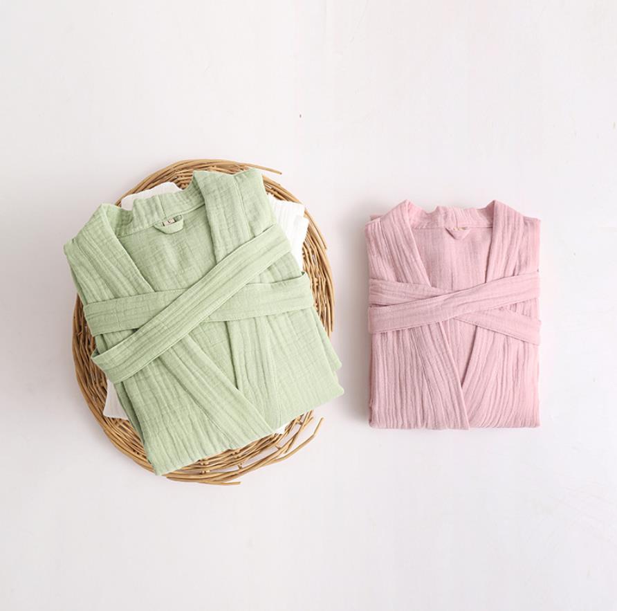 無地春夏バスロープ ペアルック ルームウェア 3重 ガーゼ カップルバスロープ 綿100％ ロング丈コットン ホテル 温泉 美容院 SPA バスローブ 高級 肌触り良い 4色 じんべい浴衣和服着物 ルームウェア 部屋着 パジャマ