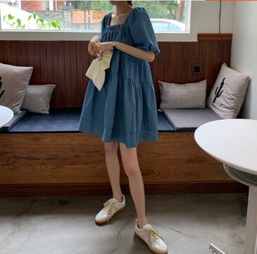 レディース/デニムワンピース/シャツワンピ/膝丈ミディ丈春夏スカート/カジュアル/キュート可愛い フェミニン きれいめ上品おしゃれ/デニムスカート/お出かけ普段着/ブルーデニムドレス/薄い生地/プチプチフレンチ風ワンピ/復古Aライン裾フレア/マタニティスカート