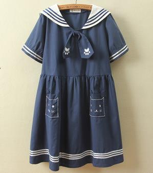 レディースファッション 夏 半袖ワンピース マリン風 セーラー風ワンピース セーラー ワンピース セーラー服 ワンピ 長袖 セーラーカラー 学院風 着痩せ キュート 可愛い猫刺繍 高校生 普段着 コスプレコスチューム誕生日プレゼントにおススメワンピー
