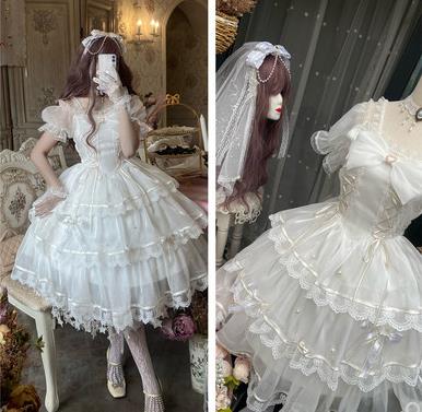 白仙气花嫁春夏ワンカラーゴスロリワンピース ロリィタ 半袖OP Lolita ロリータ コスプレ ウェディングドレス日常服…