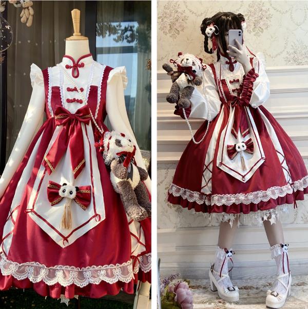 中華風冬パンダ柄ワンカラーゴスロリワンピース ロリィタ 長袖OP Lolita ロリータ コスプレ ウェディングドレス日常服ゴスロリワンピース人形師 レディースフリルレース ワインカート 可愛いお嬢様姫系少女ワンピ チャイナドレス赤