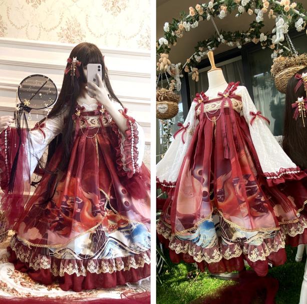 中国風中華風漢服唐代新年服ワンカラーゴスロリワンピース ロリィタ 長袖OP Lolita ロリータ コスプレ ウェディングドレス日常服ゴスロリワンピース人形師 レディースフリルレース ワインカート可愛いお嬢様姫系少女ワンピ