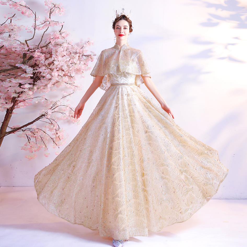 星空ファッショナブルゴールデンロマンティック花嫁ウェディングドレス結婚式礼服パーティードレスワンピースドレス ロングタイプスカートイブニンブライダルウェディングドレス披露宴/二次会礼服ビスチェ二次会ドレスお姫様ドレステージパフォーマンスホストキレイ