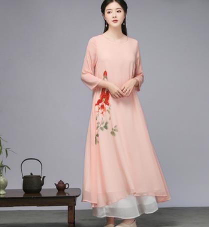 夏新品チャイナドレス漢服改良服 チュールワンピース レディースマキシ/ロング丈民族風ナチュラルエスニック風//プリント花柄エレガント復古風コスプレ衣装 写真撮影 パーティー用ドレス演出服ワンピース 半袖 フレアードレス仙女スカート禅服茶服