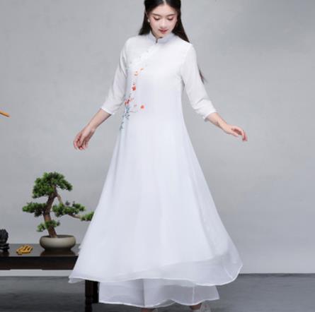 夏新品チャイナドレス漢服改良服 チュールワンピース レディースマキシ/ロング丈民族風ナチュラルエスニック風//プリント花柄エレガント復古風コスプレ衣装 写真撮影 パーティー用ドレス演出服ワンピース 半袖 フレアードレス仙女スカート禅服茶服白色