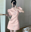 新中国風レディースパフスリーブボタン刺繍改良チャイナドレス レトロ復古風夜店セクシー ワンピース キャミワンピース ワンピ ミニスカート 夏 ショットタイプ着痩せ誕生日プレゼント キュート職業ぴったり スカート美容院KTV仕事着技師服気質