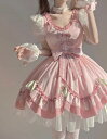 新品柄ロリィタ 半袖OP Lolita ロリータ コスプレ 日常服ゴスロリワンピース人形師 レディースフリルレース ワインカート ウェディングドレス可愛いお嬢様姫系少女ワンピ ゴージャスドレスロリータワンピースキュートスカートピンクワンピース
