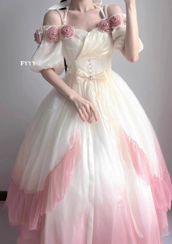 グラデーションピンクローズロリィタ 半袖OP Lolita ロリータ コスプレ 日常服ゴスロリワンピース人形師 レディースフリルレース ワインカート ウェディングドレス可愛いお嬢様姫系少女ワンピ ゴージャスドレスロリータワンピースプリンセススカート華やかピンクワンピース