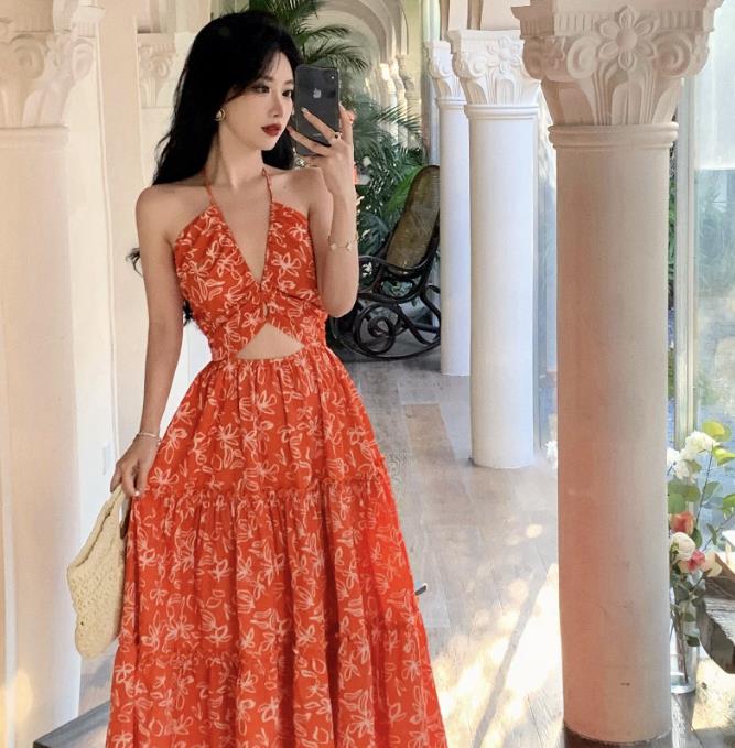 フレンチVネック花柄ドレス夏レディ...