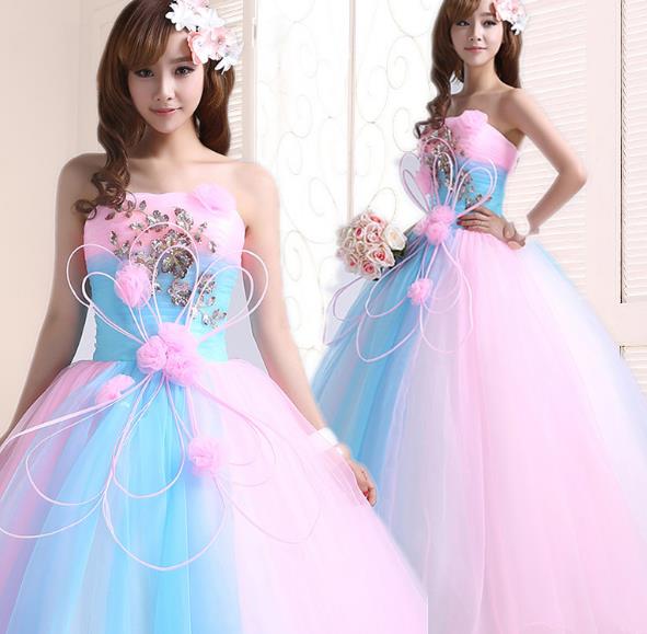 花嫁ウェディングドレス/結婚式/披露宴/二次会/礼服 / パーティードレス/ワンピース/二次会ドレス ロングタイプ お姫様ドレス ワンショルダータイプ 独唱 演出ドレス 公演スカート カラー ぼうぼうスカート 編み上げタイプ