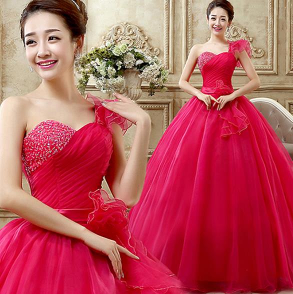 花嫁ウェディングドレス/結婚式/披露宴/二次会/礼服 / パーティードレス/ワンピース/二次会ドレス ロングタイプ お姫様ドレス ワンショルダータイプ 司会者 独唱 演出ドレス 公演スカート カラー ぼうぼうスカート 編み上げタイプ ローズ、ピンク
