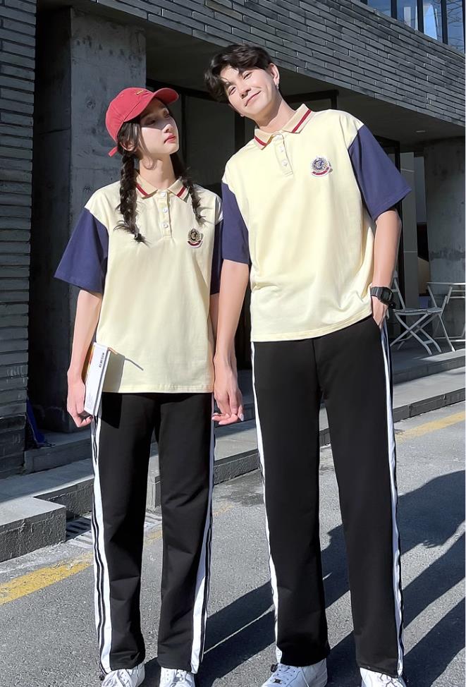 男女兼用韓国風ラペル襟スポーツ風Tシャツ小学生半袖シャツJK制服 中学生演奏ユニフォーム夏スーツカレッジ風フェイクツーピース小学校高校卒業写真制服セットアップカップル友達姉妹服アクティビティズボントップシャツ紳士服