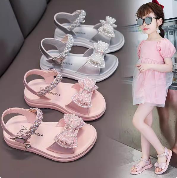 夏人気サンダル子供プリンセス靴シューズ子ども靴くつお姫様風可愛い女の子フォーマル靴子供用 こども 中大童キッズ靴 スリッパ キュートパンプス 子供サンダル ソフトラバー 結婚式 お出かけ 通園通学通気性良サンダル 柔らかい歩きやすいリボン　シルバー　ピンクのサムネイル