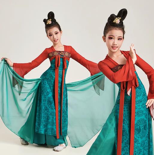 子供 中華 ダンス 衣装 ロング チャイナドレス 中華服 漢服 シフォン 飄逸 スリット振り袖 水袖 中国古..