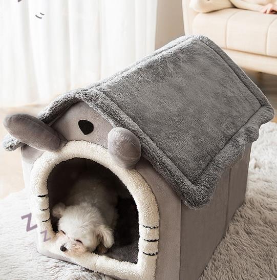 小型犬猫用ペットハウス 室内用 犬小屋 三角屋根 3サイズ ドット ペットベッド ペットハウス 2way 犬小屋 屋根付きふわふわ クッション付き 猫 テント オールシーズン おしゃれ 洗える 折りたたみ可 寝床 冷暖房 ホットカーペット対応(M：44*36*39cm　7.5kg以内のペット)