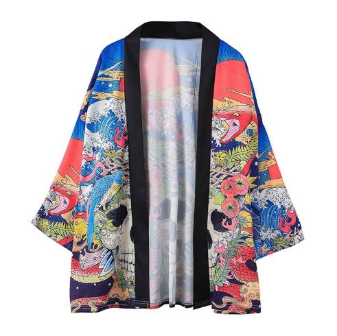 中国風夏メンズファッション メンズカジュアルシャツ カーディガン日系復古暗黒道士服七分袖アウター和服コートメンズ 開襟シャツ 浴衣着物 プリント 花火大会部屋着UVカットトップス アウター青年 薄タイプ 復古風唐装