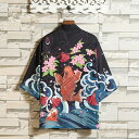 新品中国風夏メンズファッション メンズカジュアルシャツ カーディガン日系復古暗黒道士服七分袖アウター和服コートメンズ 開襟シャツ 浴衣着物 プリント 花火大会部...