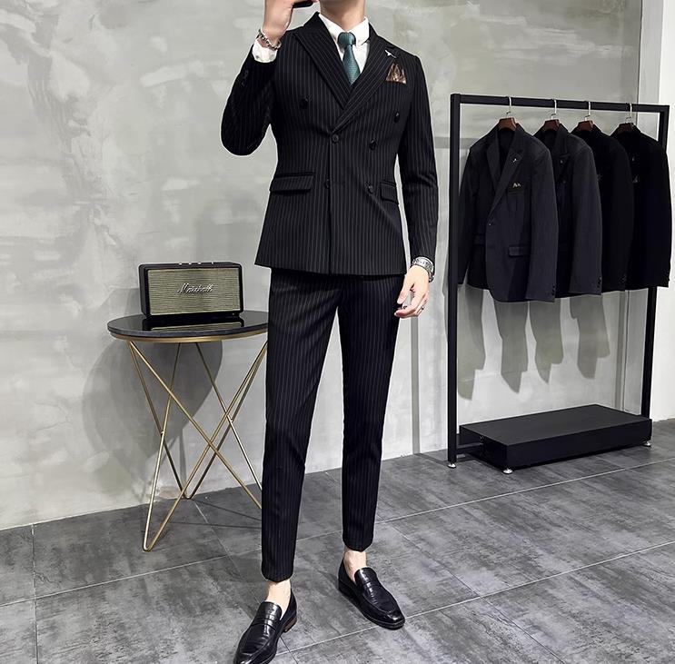 メンズファッション 紳士スーツセットメンズスーツ ビジネス ダブルブレスト ストライプ 高級通勤カジュアルスーツフォーマルスーツ リクルートスーツ結婚式 長袖 忘年会司会者パーティー卒業式スーツ エリート細身 花婿付添人グループスーツスーツ＋ベスト＋ズボン3点セット