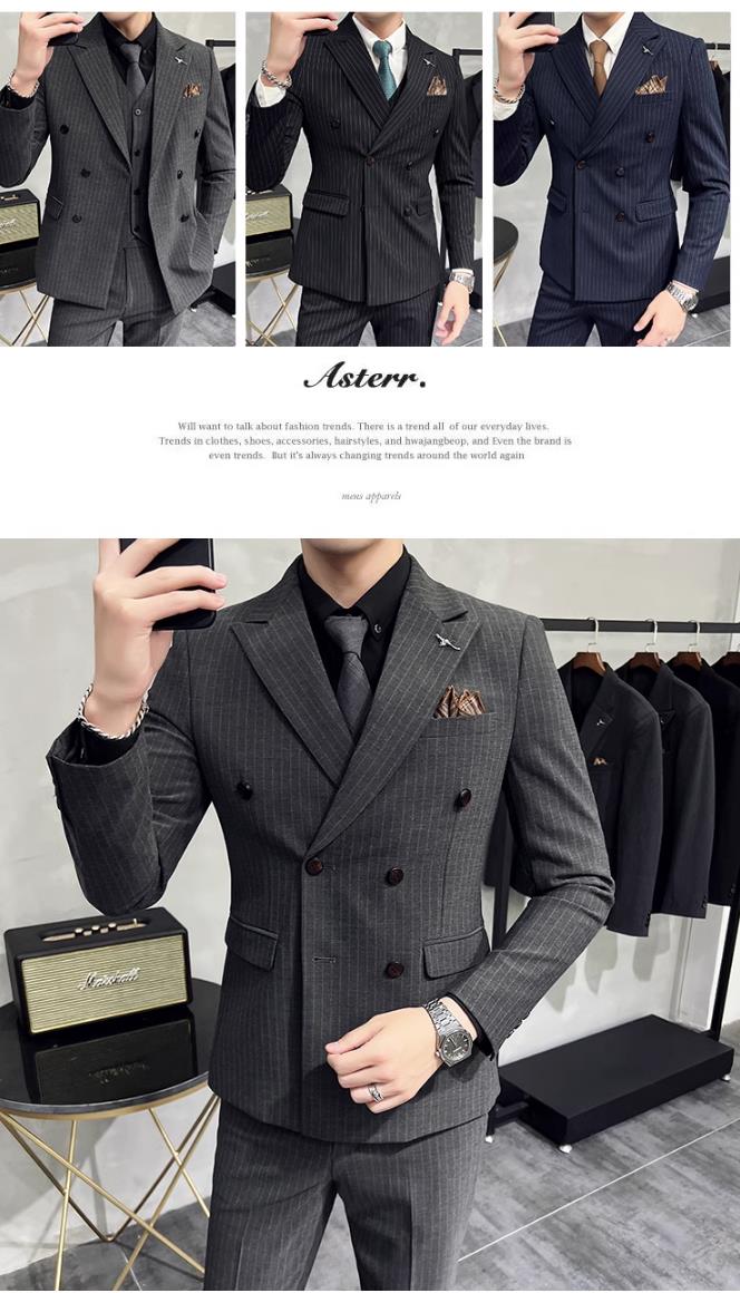 メンズファッション 紳士スーツセットメンズスーツ ビジネス ダブルブレスト ストライプ 高級通勤カジュアルスーツフォーマルスーツ リクルートスーツ結婚式 長袖 忘年会司会者パーティー卒業式スーツ エリート細身 花婿付添人グループスーツスーツ＋ベスト＋ズボン3点セット