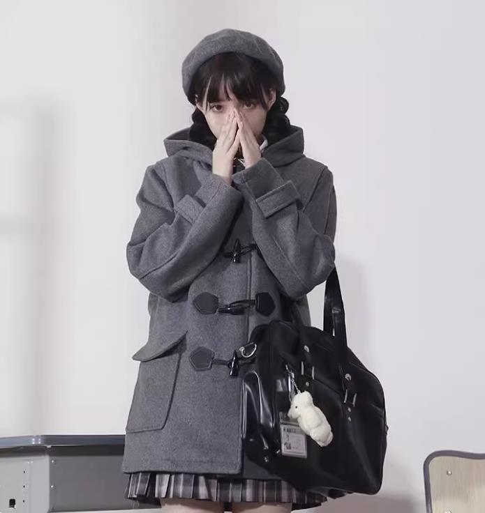 アウターjkコートレディース 女性女コート秋冬JKレトロ日系甘めト長袖ゆったりカーディガントップス学院風保温厚手ラシャコート牛角ボタングレー黒ネイビーカーキ