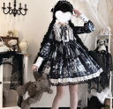 ロリータゴシック風ダーク系jskワンピースロリータスカートゴスロリワンピース 長袖ロリィタ OP Lolita ロリータ コスプレ 日常服ゴスロリワンピース人形師 レディースフリルレース ワインカート少女ワンピ jskopロリータスカートブラック