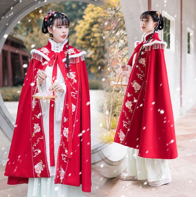 赤刺繍冬服マント漢服レディース秋冬コートジャケット チャイナマント中国風ロングコート女性用 アウター ロングタイプ ジャンパー スタイル マント ラシャコート ロングタイプ民族風ストールエレガント復古風 ロング丈写真撮影 ベルベットファー襟付き