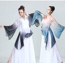 古典舞踊ダンス衣装チャイナ服中華民族ダンスウェアヨガバレエ衣装 レディース シースルーグラデーション長袖ラッパ袖ブラウス スリットトップス ンロングチャイナブラ...