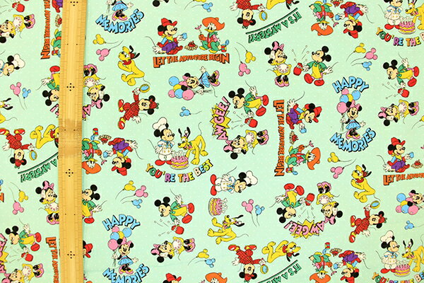 ☆キャラクターオックスプリント☆ 『ミッキー＆フレンズ』レトロ柄 ミント生地　コットン100％生地/ディズニー/ミッキーマウス/ミッキー/ミニー/入園/入学/バッグ