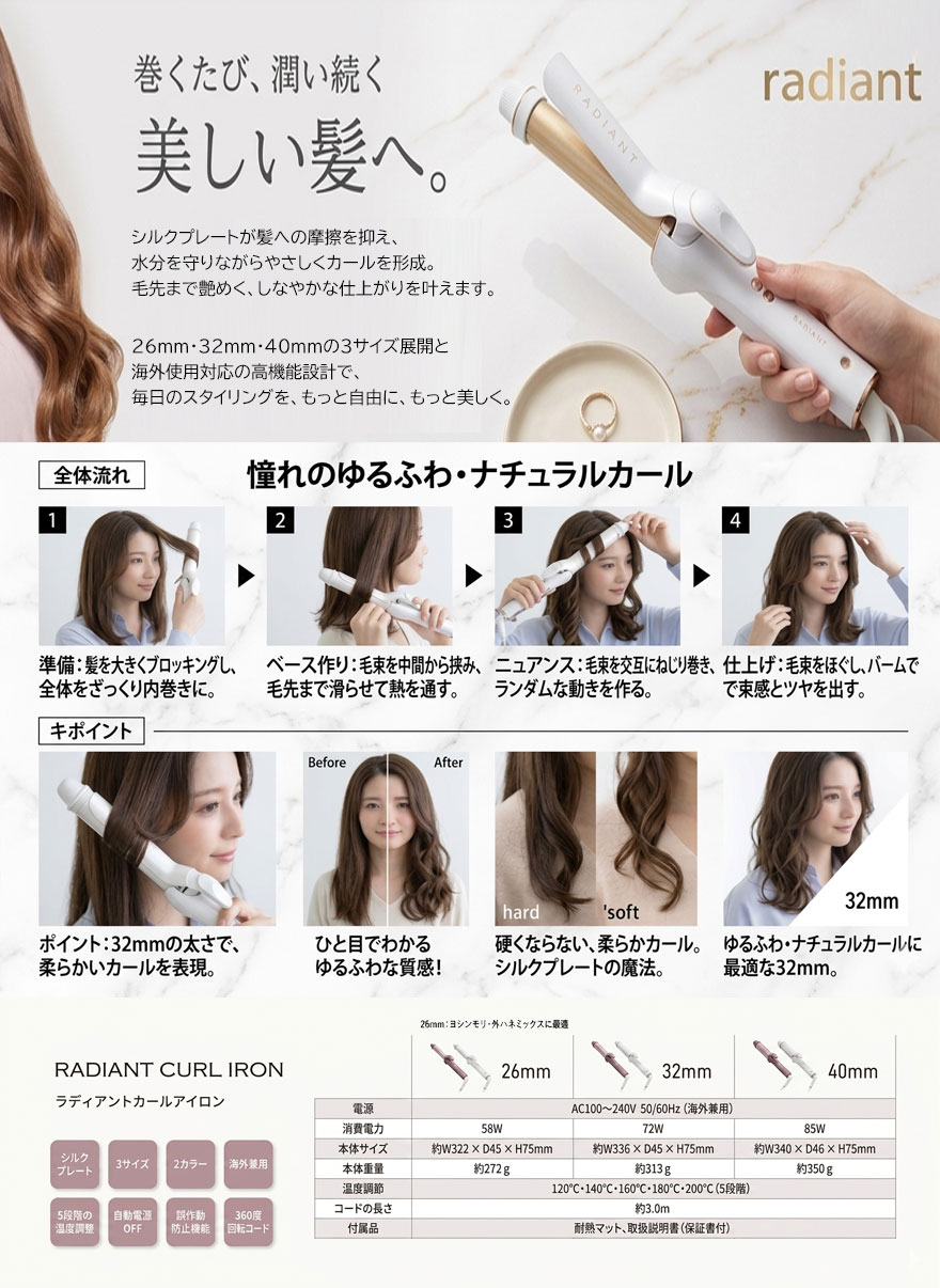 正規品 ラディアントカールアイロン 32mm グレー radiant 2way 仕様の耐熱マット付