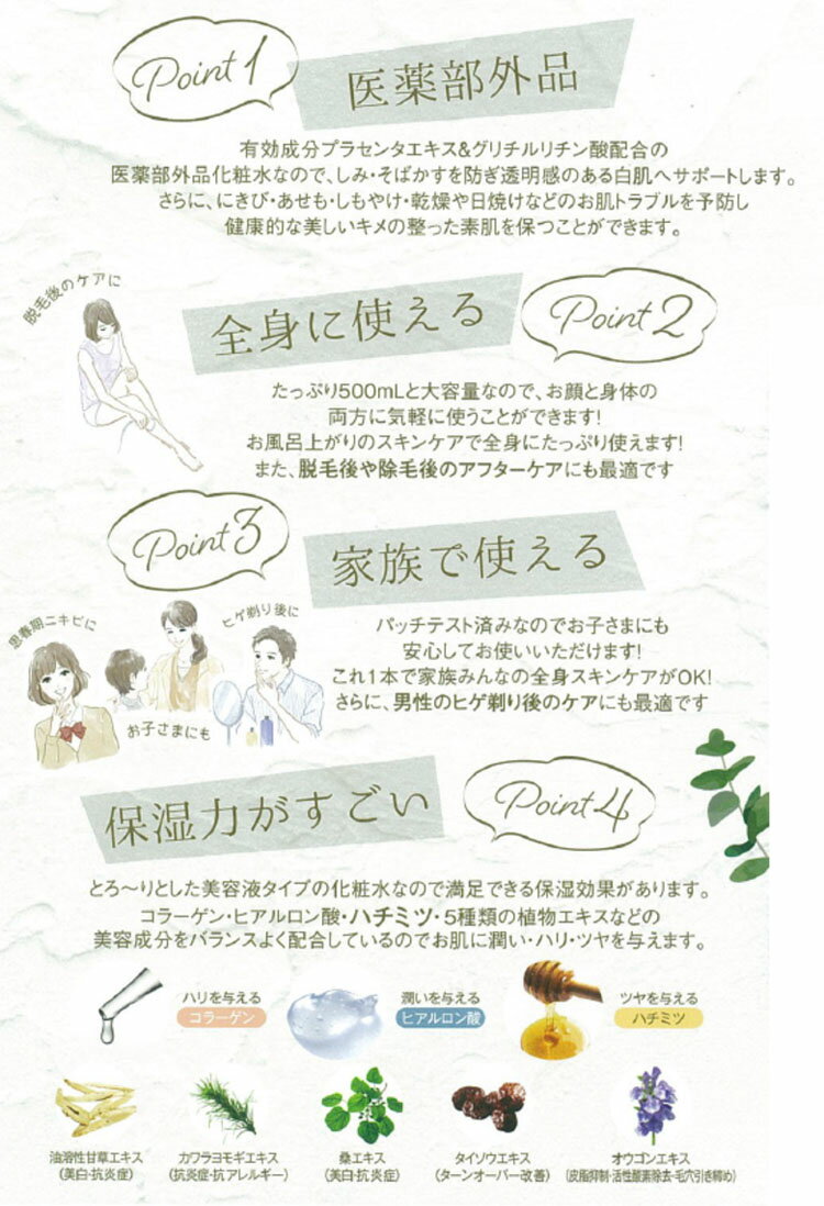 ホワイトリュクス モイスチャーローション 500ml 医薬部外品 化粧水 保湿 ローション プラセンタ グリチルリチン酸2K 美容液 スキンケア しっとり フェイスケア ボディケア 無添加 薬用 医薬部外品 しみ プロ用美容室専門店 つや髪美肌研究SHOP takeiteazy-10093021 コスメジャングル サンプル画像3