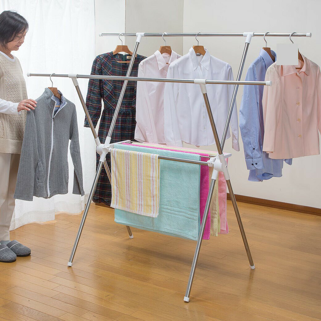【送料無料】X型ステンレス室内物干しスタンド タオル掛け付き 物干しスタンド おしゃれ 室内物干し x型 物干し 物干しスタンド