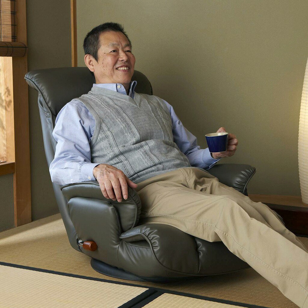 【送料無料】座椅子 リクライニング 360度回転 スーパーソフトレザー 合成皮革 日本製 国産 肘付 ハイバック 座いす 小物入れ ポケット付 1人掛け 肘掛椅子 イス 敬老の日 [2]