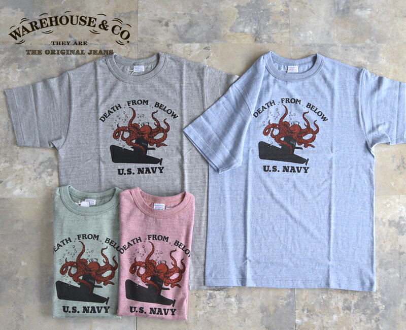 WAREHOUSE ウエアハウス Tシャツ 88/12 杢クルーネックT DEATH FROM BELOW 【オクトパス】Lot.4096