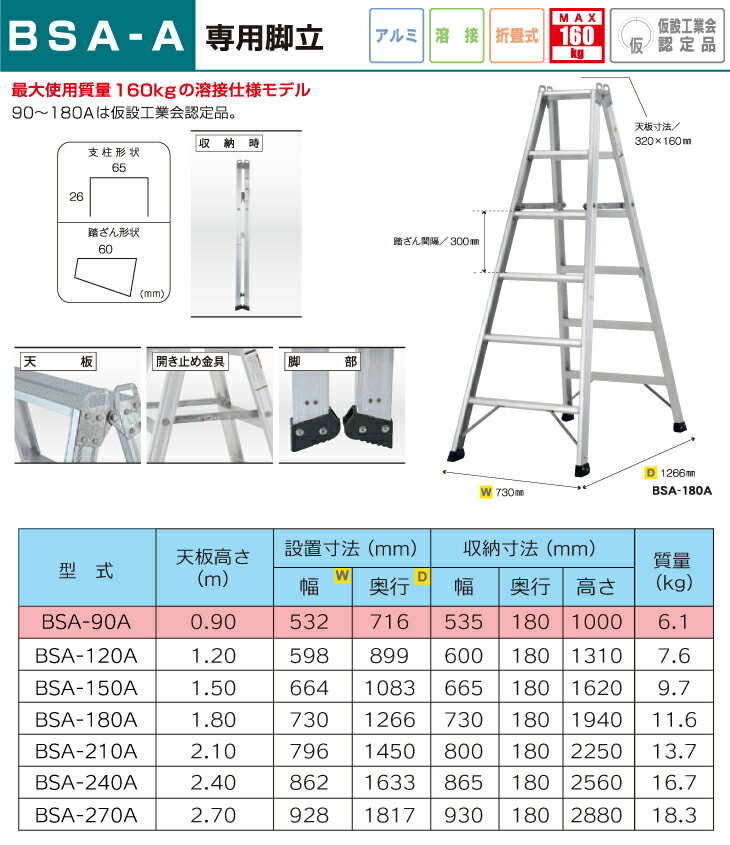 アルインコ (法人様名義限定)　専用脚立 BSA90A 天板高さ(m)：0.9 使用質量(kg)：160 2