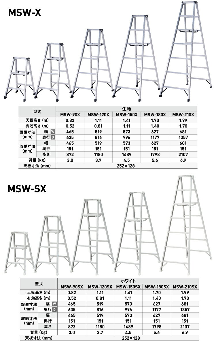 アルインコ(配送先法人限定) 専用脚立 MSW-180SX ホワイト 天板高さ：1.70m 最大使用質量：130kg 軽量 3