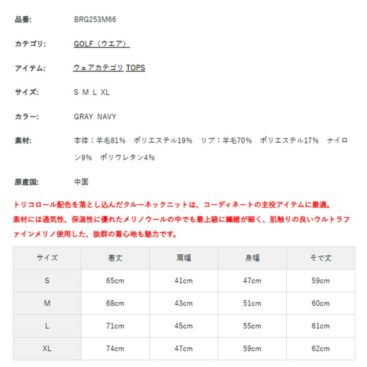 ブリーフィング ゴルフ セーター メンズ 長袖 ニット クルーネック 通気性 保温性 メリノウール バソラン加工 半防縮 静電気軽減糸仕様 エレカット ゴルフウェア ブランド 無地 ロゴ BRIEFING GOLF BRG253M66