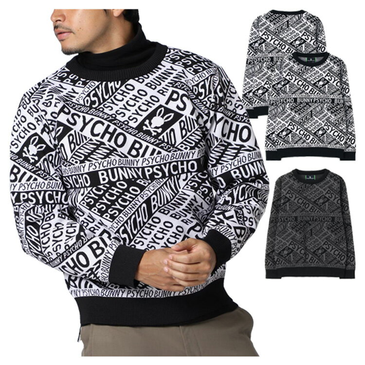 サイコバニー ゴルフ ニット メンズ 長袖 プルオーバー クルーネック セーター トレーナー ゴルフウェア ロゴ 総柄 ブランド GF678 PSYCHO BUNNY
