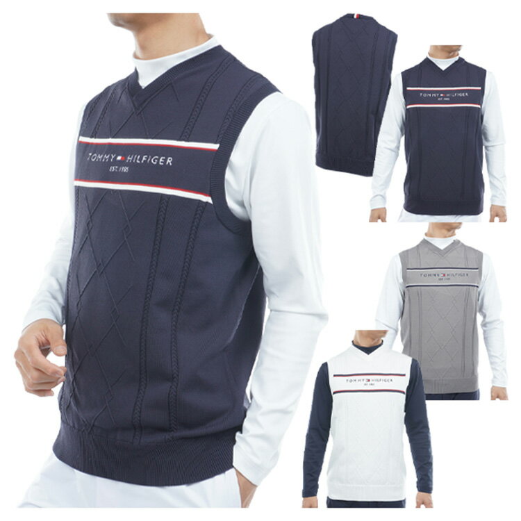 トミーヒルフィガー ゴルフ ベスト メンズ ニットベスト セーターベスト Vネック 軽量 ゴルフウェア ブランド ケーブル柄 ライン 春 秋 冬 THMA560